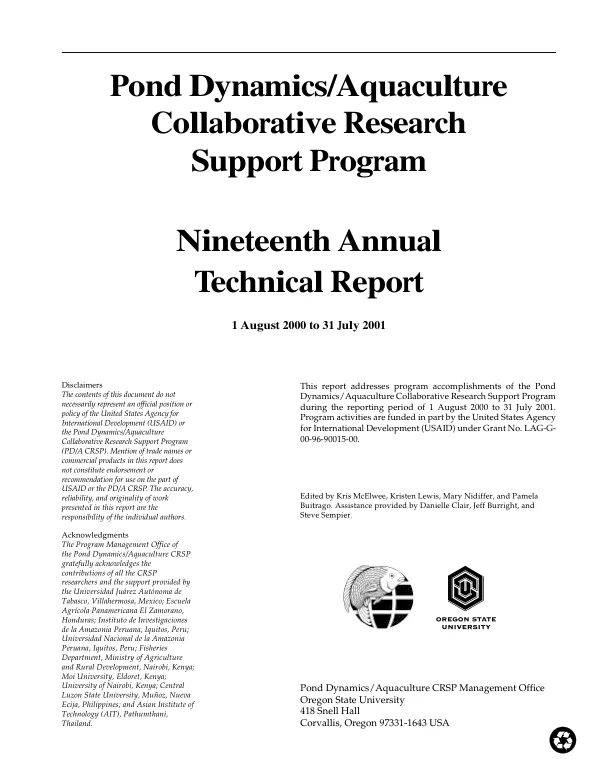 Pond dynamics/aquaculture collaborative research support program [PD/A CRSP] : nineteenth annual technical report -- 1 August 2000 to 31 July 2001