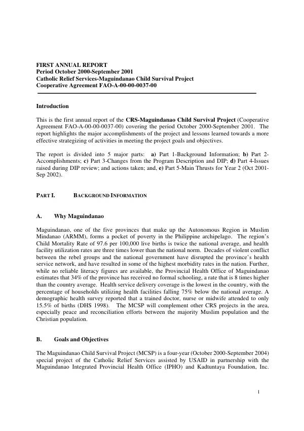 First annual report, period October 2000-September 2001 : Catholic Relief Services-Maguindanao[, Philippines] child survival project -- cooperative agreement FAO-A-00-00-0037-00 [i.e. FAO-A-00-00-00037-00]