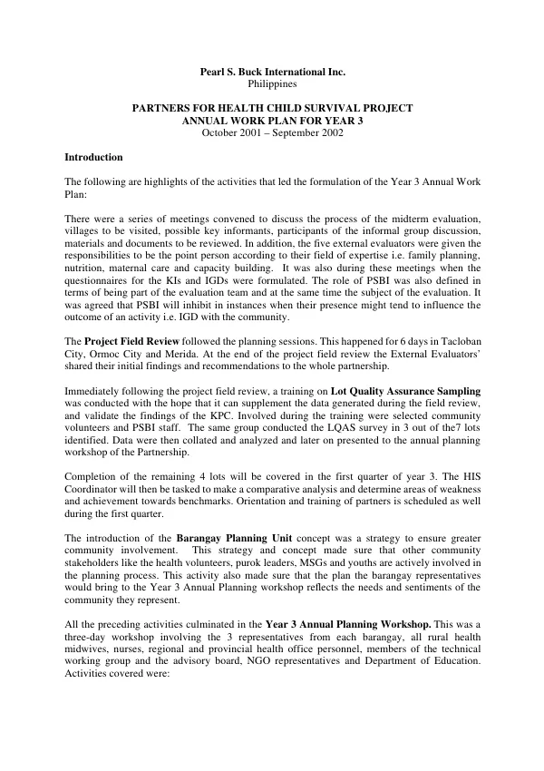 Partners for health child survival project : annual work plan for year 3, October 2001-September 2002