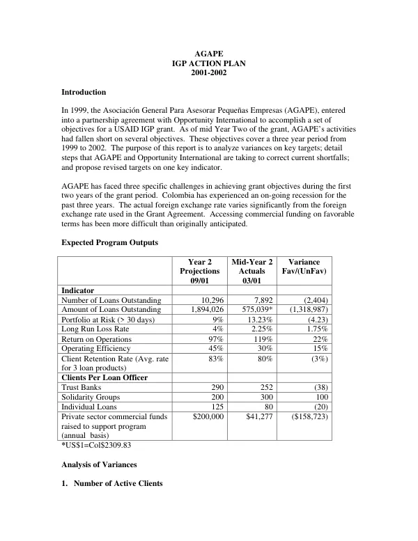AGAPE [Asociacion General Para Asesorar Pequenas Empresas] : IGP [implementation grant program] action plan, 2001-2002