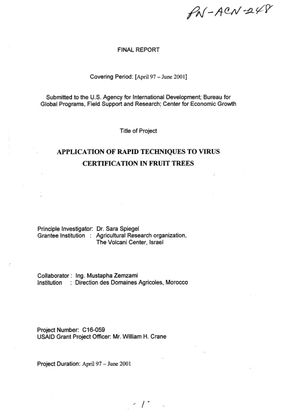 Final report covering period April 97-June 2001 : application of rapid techniques to virus certification in fruit trees