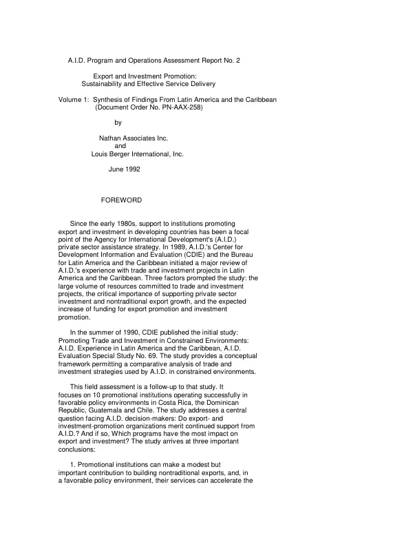 Export and investment promotion : sustainability and effective service delivery -- volume 1: synthesis of findings from Latin America and the Caribbean