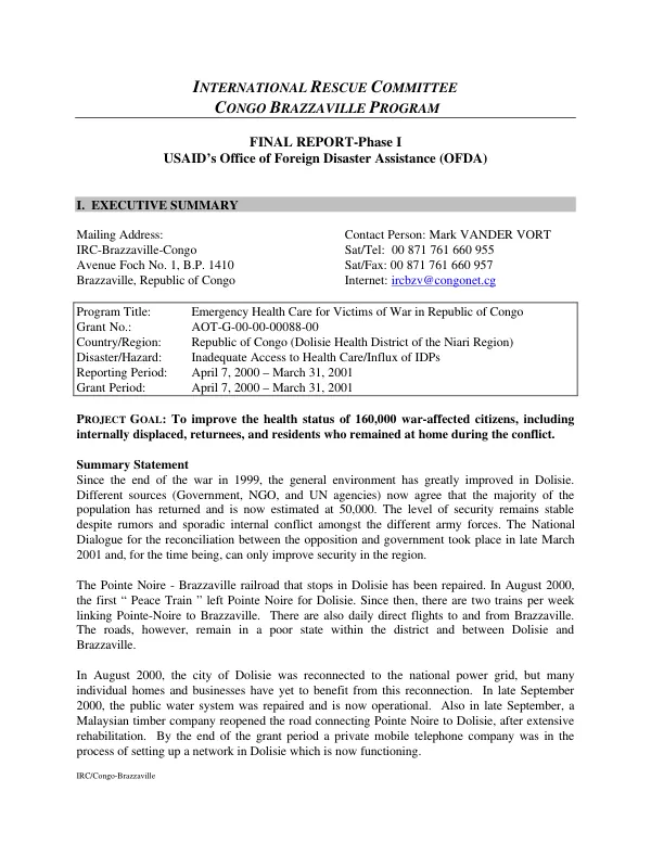 International Rescue Committee : Congo Brazzaville program -- final report-phase I : USAID"s Office of Foreign Disaster Assistance (OFDA)