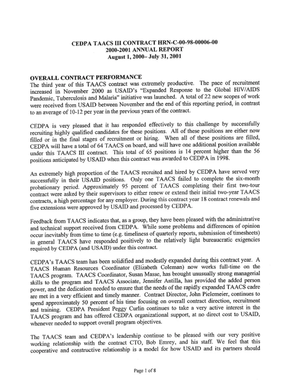 CEDPA [Centre for Development & Population Activities] TAACS [technical advisors in AIDS & child survival] III contract HRN-C-00-98-00006-00 : 2000-2001 annual report, August 1, 2000-July 31, 2001