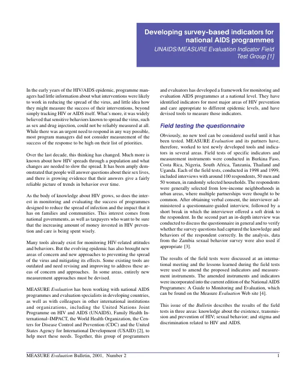 Developing survey-based indicators for national AIDS programmes : UNAIDS/MEASURE evaluation indicator field test group [1]