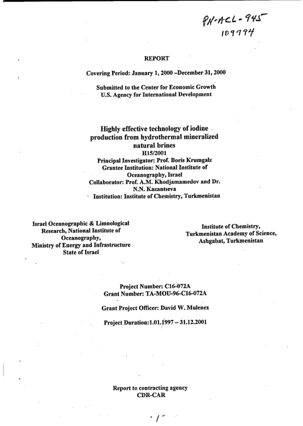 Report covering period January 1, 2000-December 31, 2000 : highly effective technology of iodine production from hydrothermal mineralized natural brines