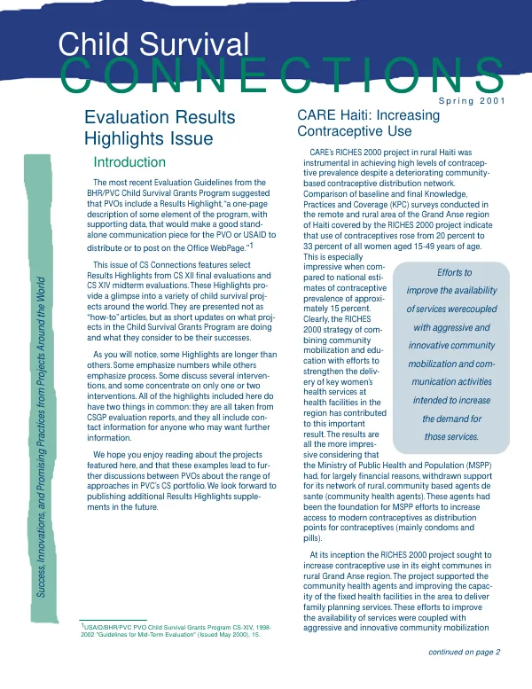 Child survival connections, spring 2001 : evaluation results highlights issue