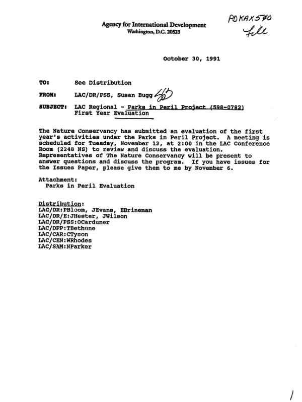 Parks in peril [PiP] : first year evaluation -- USAID/TNC cooperative agreement no. LAC-0782-A-00-0047-00