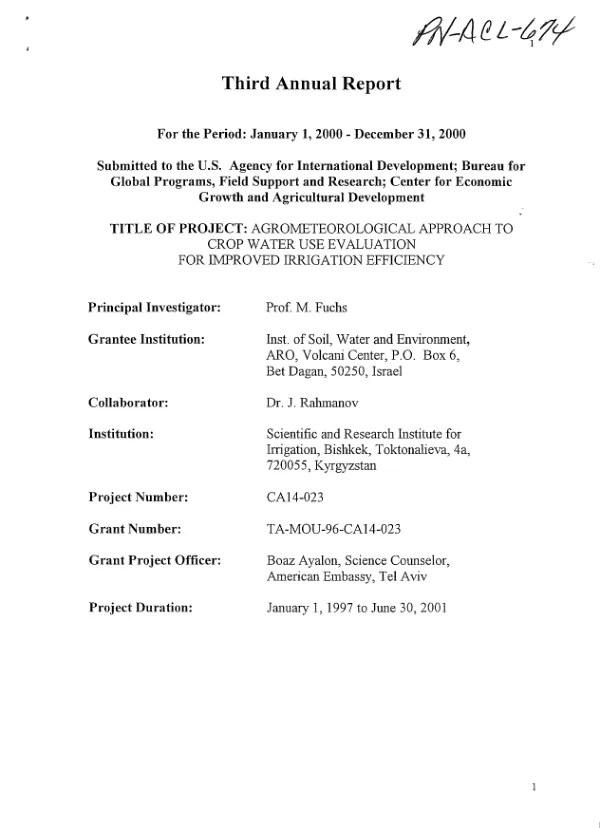 Third annual report for the period January 1, 2000-December 31, 2000 : agrometeorological approach to crop water use evaluation for improved irrigation efficiency