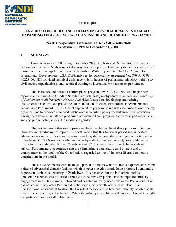 Final report : Namibia -- consolidating parliamentary democracy in Namibia : expanding legislative capacity inside and outside of parliament -- USAID co-operative agreement no. 690-A-00-98-00228-00 : September 1, 1998 to December 31, 2000