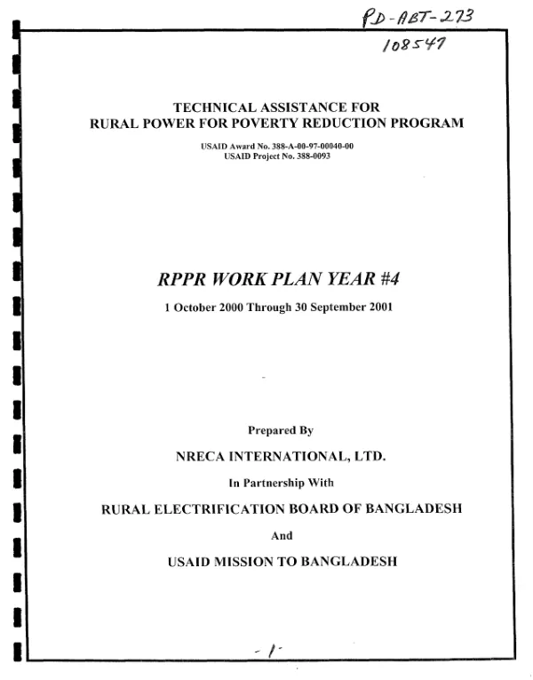 Technical assistance for rural power for poverty reduction program : RPPR work plan year #4, 1 October 2000 through 31 December 2000 -- USAID award no. 388-A-00-97-00040-00, USAID project no. 388-0093