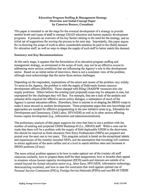 Education program staffing & management strategy : overview and initial concept paper
