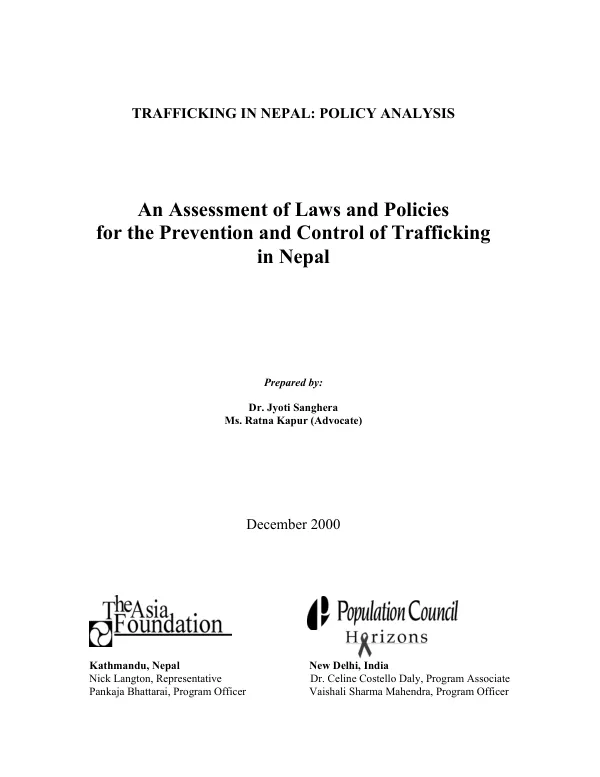 An assessment of laws and policies for the prevention and control of trafficking in Nepal