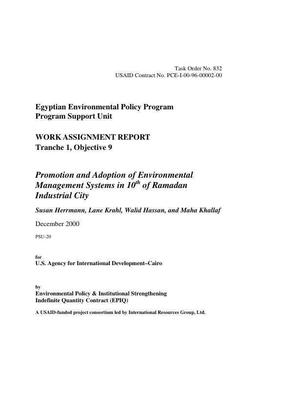 Promotion and adoption of environmental management systems [in] 10th of Ramadan Industrial City : final report and action plan