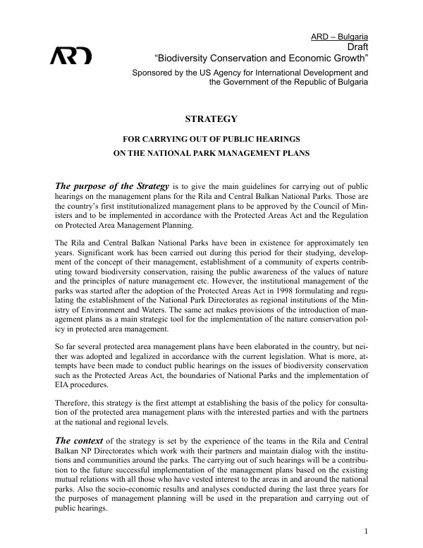 Strategy for carrying out of public hearings on the national park management plans
