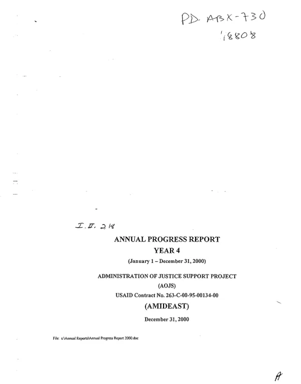 Annual progress report, year 4 (January 1-December 31, 2000) : administration of justice support project (AOJS) -- USAID contract no. 263-C-00-95-00134-00 : (AMIDEAST)