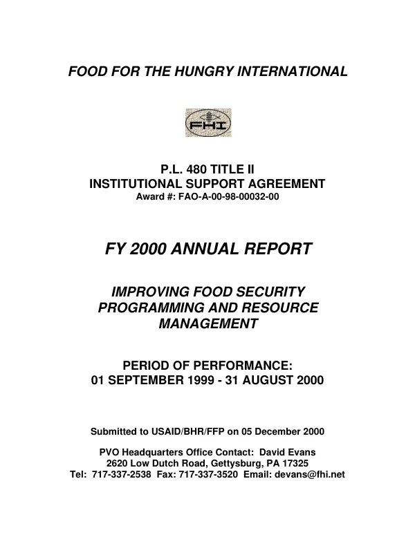 Food for the Hungry International : PL 480 Title II institutional support agreement [ISA] award # FAO-A-00-98-00032-00 -- FY 2000 annual report : improving food security programming and resource management