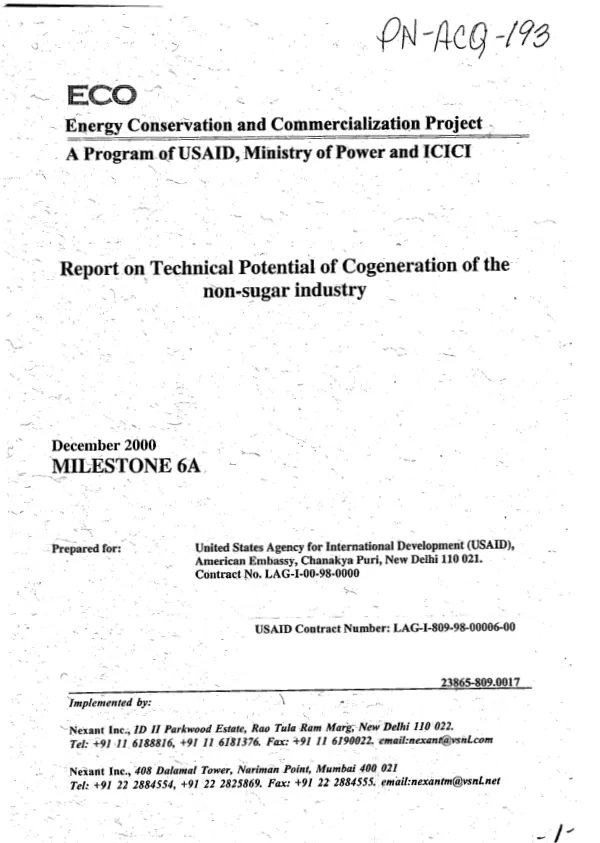 Report on technical potential of cogeneration of the non-sugar industry