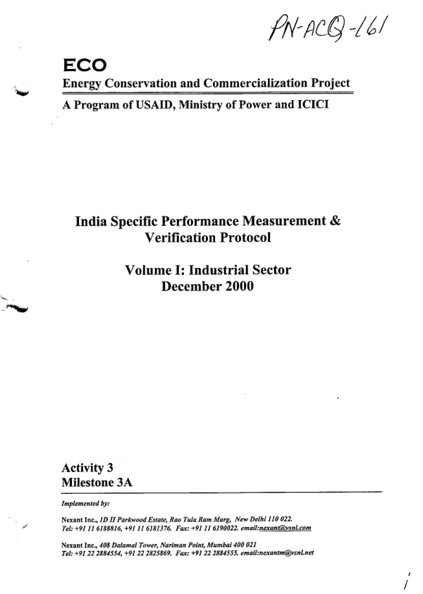 India specific performance measurement & verification protocol : volume I -- industrial sector
