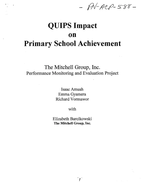 QUIPS impact on primary school achievement : The Mitchell Group, Inc., performance monitoring and evaluation project