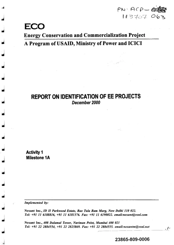 ECO, energy conservation and commercialization project : report on identification of EE [energy efficiency] projects