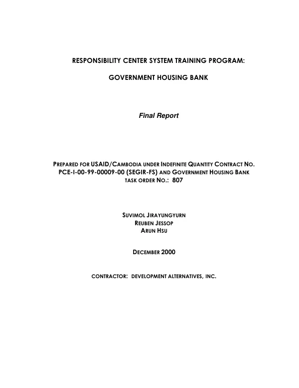 Responsibility center system training program : Government Housing Bank[, Thailand] -- final report