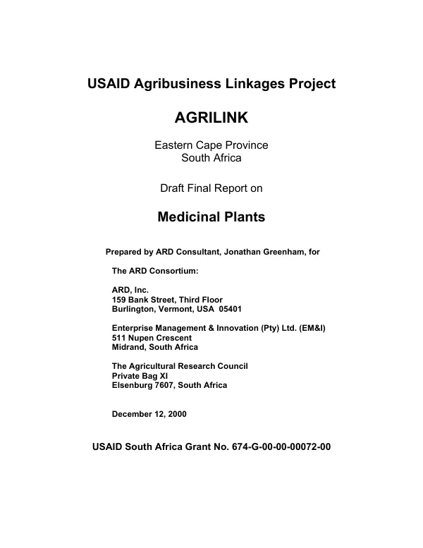 USAID agribusiness linkages project : AGRILINK -- Eastern Cape Province, South Africa : draft final report on medicinal plants