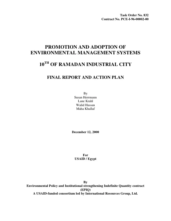 Promotion and adoption of environmental management systems : 10th of Ramadan Industrial City[, Egypt] : final report and action plan