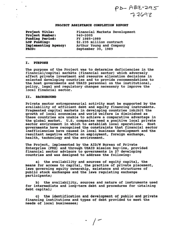 Project assistance completion report : financial markets development