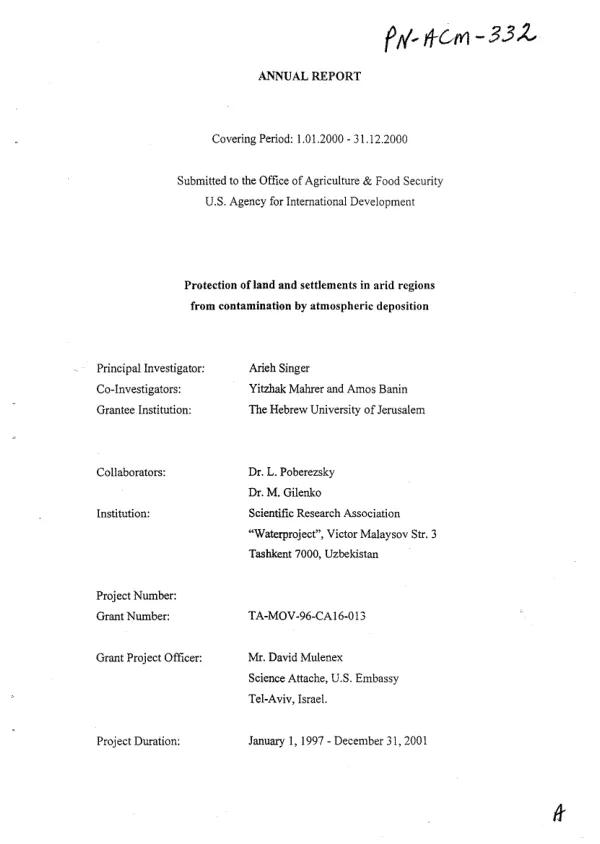 Annual report covering period 1.01.2000-31.12.2000 : protection of land and settlements in arid regions from contamination by atmospheric deposition