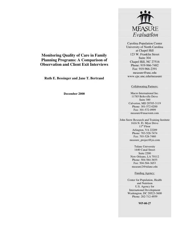 Monitoring quality of care in family planning programs : a comparison of observation and client exit interviews