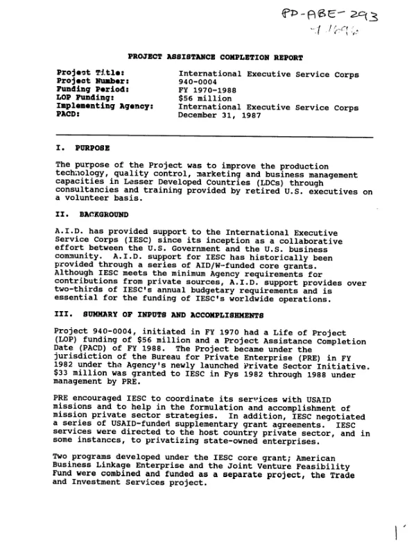 Project assistance completion report : International Executive Service Corps
