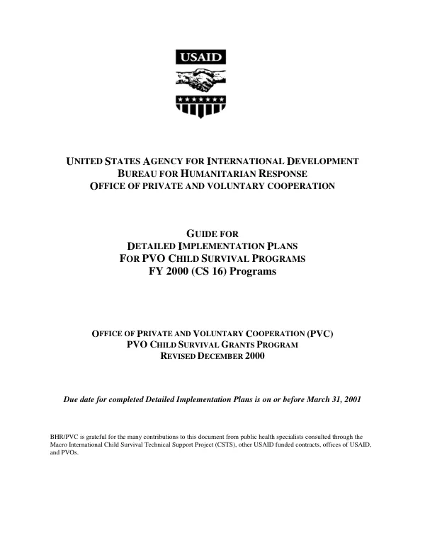 Guide for detailed implementation plans [DIPs] for PVO child survival programs : FY 2000 (CS 16) programs