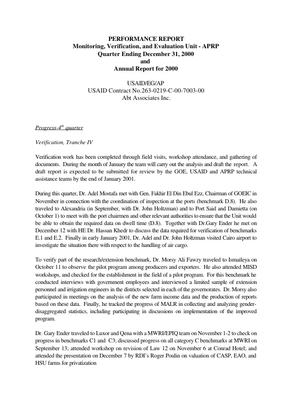 Performance report : monitoring, verification, and evaluation unit - APRP -- quarter ending December 31, 2000 and annual report for 2000