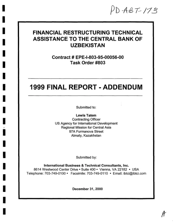 Financial restructuring technical assistance to the Central Bank of Uzbekistan : contract # EPE-I-803-95-00056-00, task order #803 -- 1999 final report - addendum