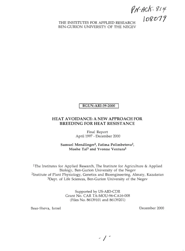 Heat avoidance : a new approach for breeding for heat resistance -- final report, April 1997-December 2000