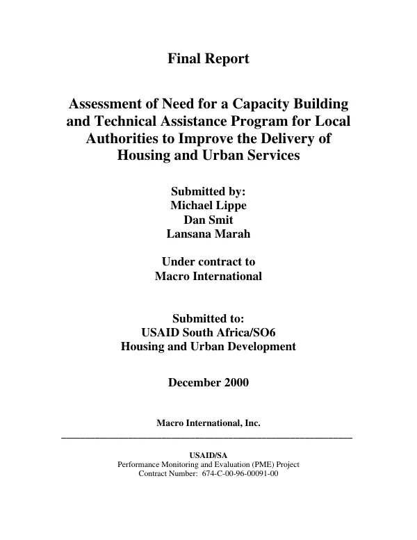 Final report : assessment of need for a capacity building and technical assistance program for local authorities to improve the delivery of housing and urban services [South Africa]