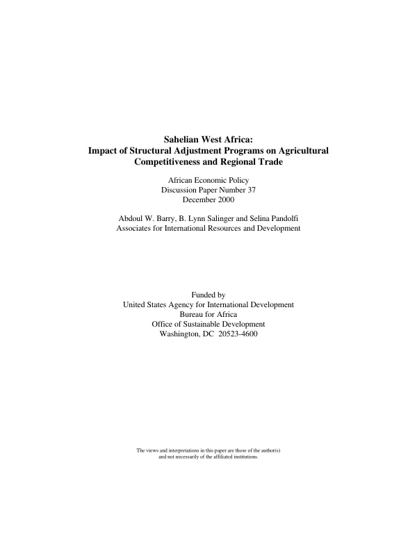 Sahelian West Africa : impact of structural adjustment programs on agricultural competitiveness and regional trade