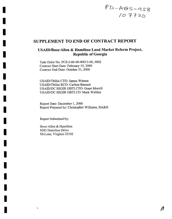Supplement to end of contract report : USAID/Booz-Allen & Hamilton land market reform project, Republic of Georgia