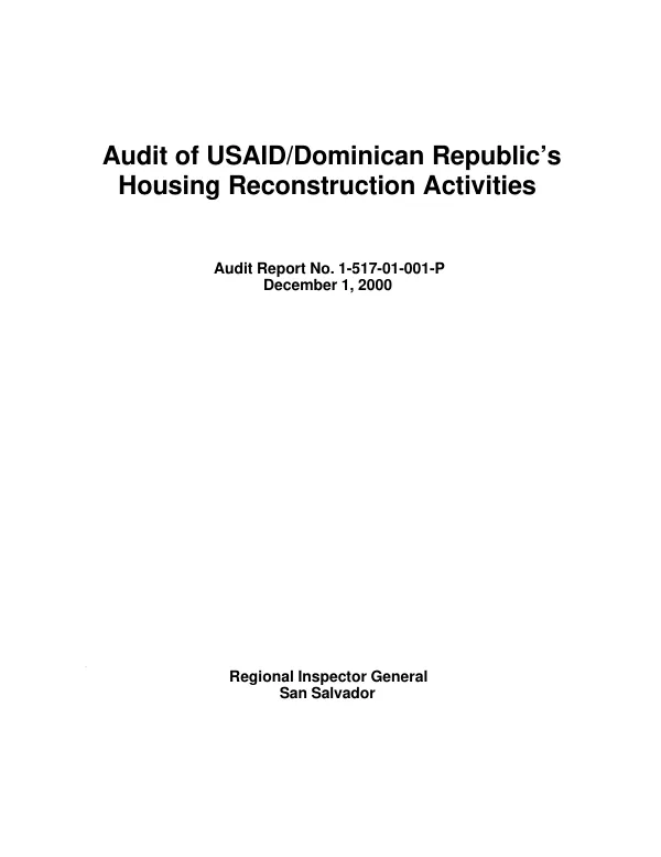 Audit of USAID/Dominican Republic"s housing reconstruction activities