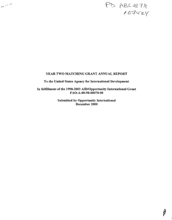 Year two matching grant annual report : to the United States Agency for International Development in fulfillment of the 1998-2003 AID/Opportunity International grant FAO-A-00-98-00070-00