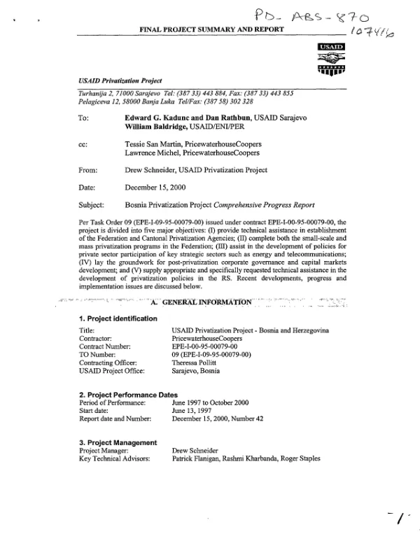 Final project summary and report : Bosnia privatization project -- comprehensive progress report : contract no. EPE-I-00-95-00079-00