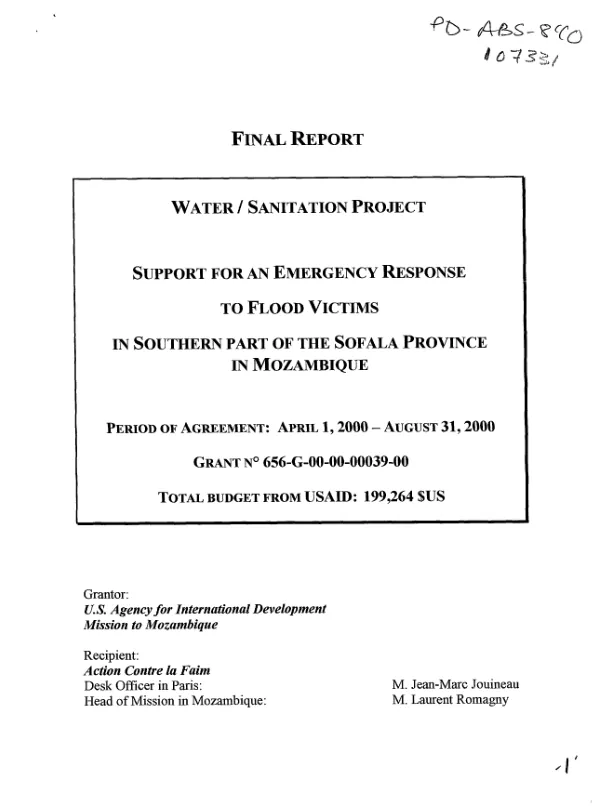 Final report : water/sanitation project -- support for an emergency response to flood victims in southern part of the Sofala Province in Mozambique : grant no. 656-G-00-00-00039-00