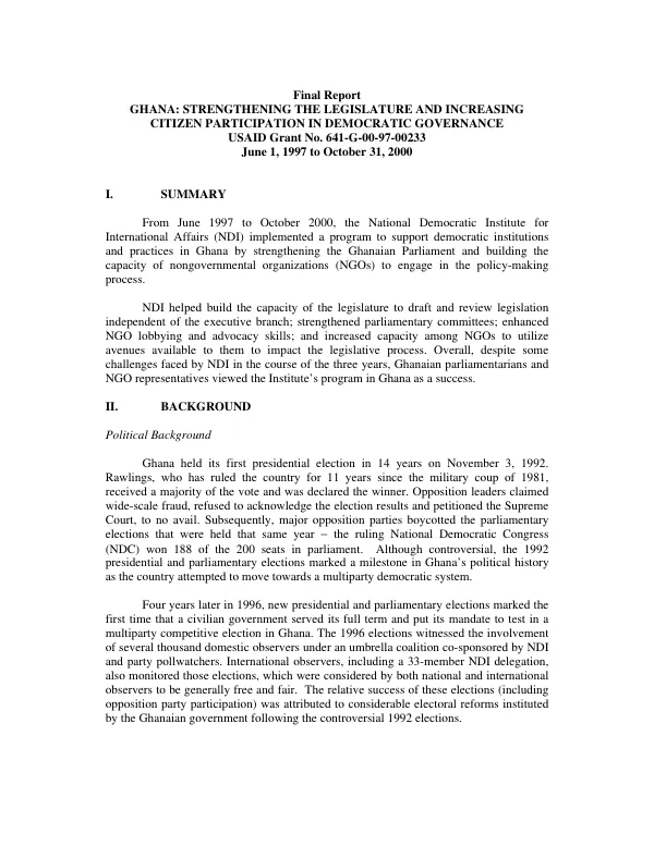 Final report : Ghana -- strengthening the legislature and increasing citizen participation in democratic governance : USAID grant no. 641-G-00-97-00233-00 -- June 1, 1997 to October 31, 2000