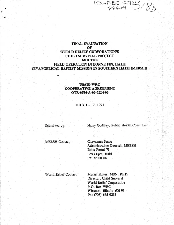 Final evaluation of World Relief Corporation's child survival project and the field operation in Bonne Fin, Haiti (Evangelical Baptist Mission in Southern Haiti (MEBSH)