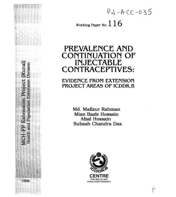Prevalence and continuation of injectable contraceptives : evidence from extension project areas of ICDDR,B
