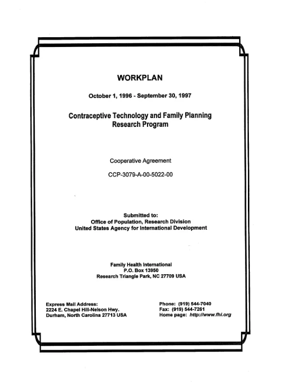 Workplan : October 1, 1996-September 30, 1997 -- contraceptive technology and family planning research program : cooperative agreement CCP-3079-A-00-5022-00