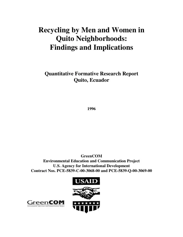 Recycling by men and women in Quito neighborhoods : findings and implications -- quantitative formative research report