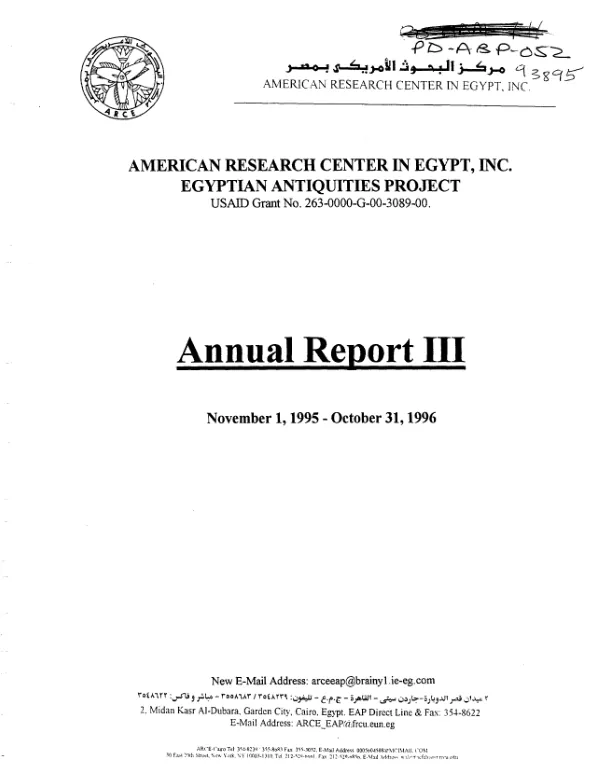 American Research Center in Egypt, Inc. : Egyptian antiquities project, USAID grant no. 263-0000-G-00-3089-00 -- annual report III, November 1, 1995-October 31, 1996
