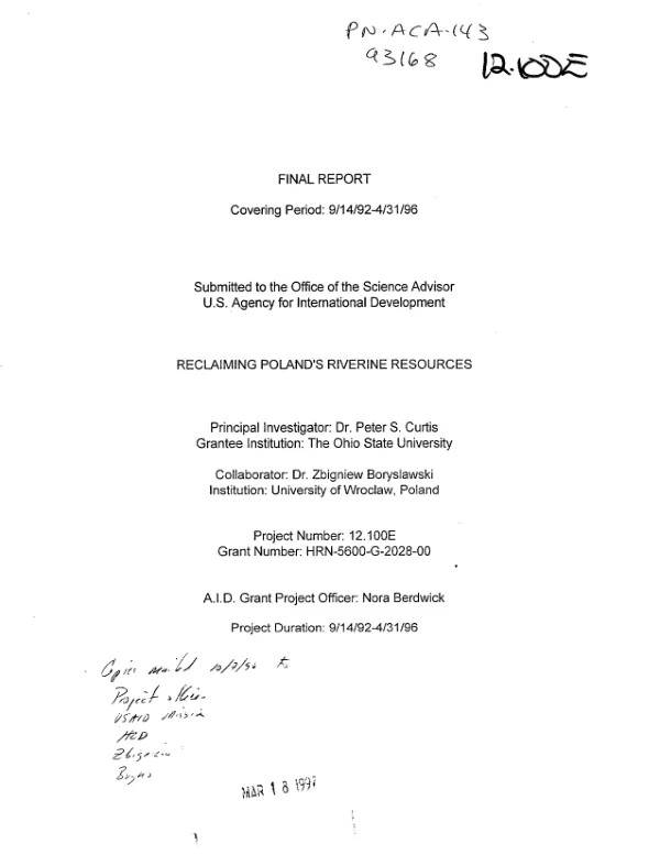 Reclaiming Poland"s riverine resources : final report covering period 9/14/92-4/31/96
